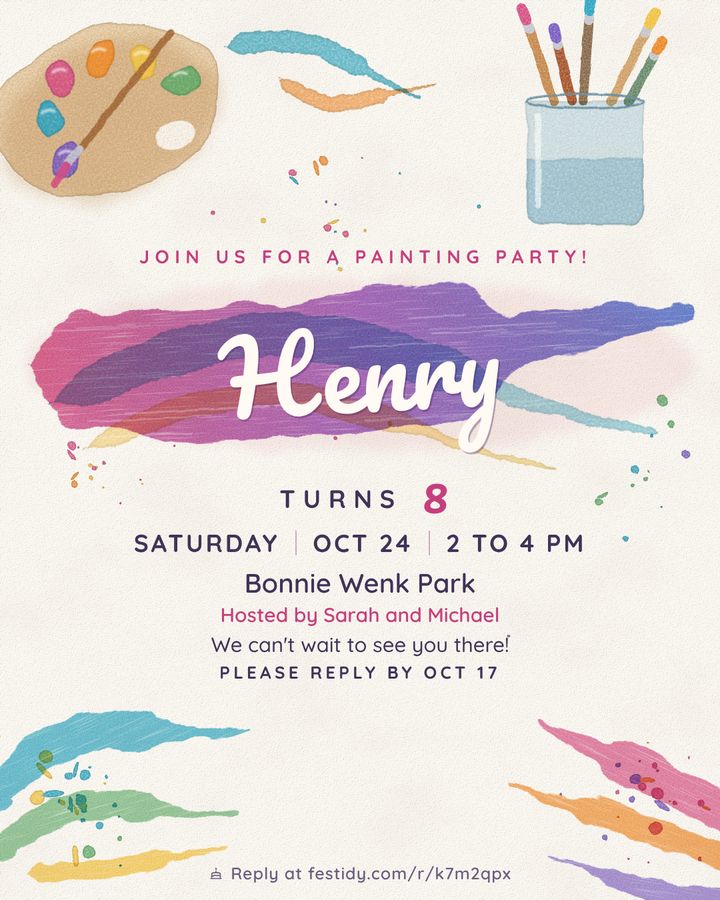 Art studio invitation, Brushstrokes design