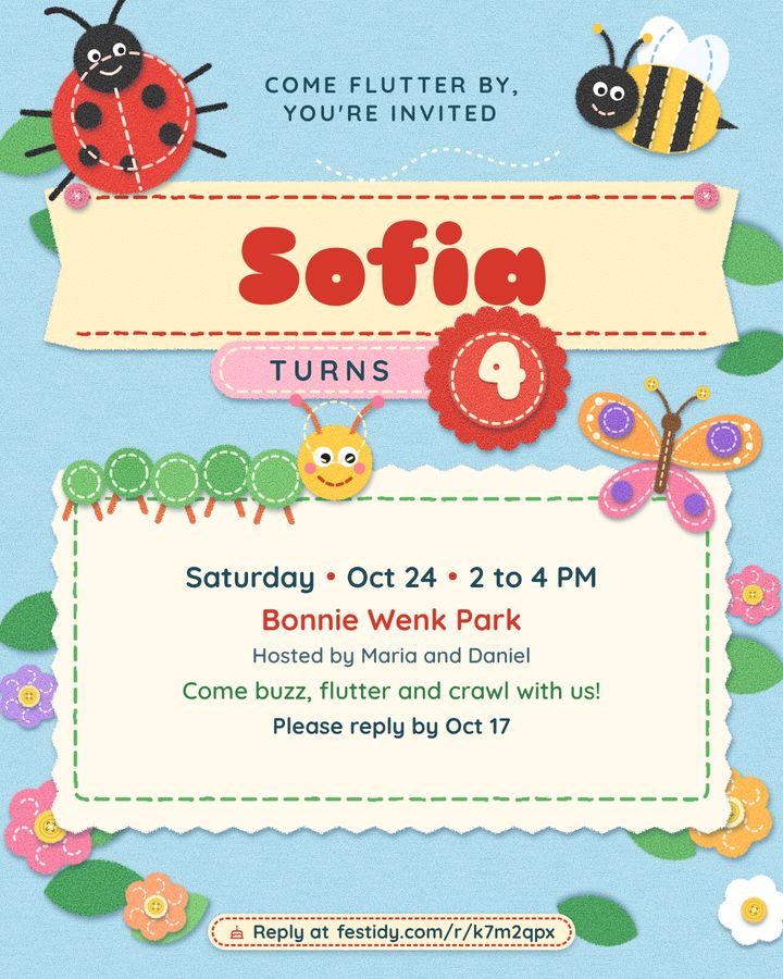 Bugs and butterflies invitation, Felt design