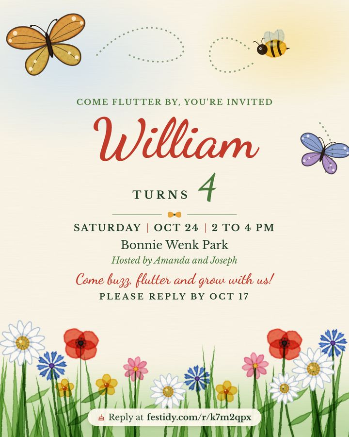 Bugs and butterflies invitation, Meadow design