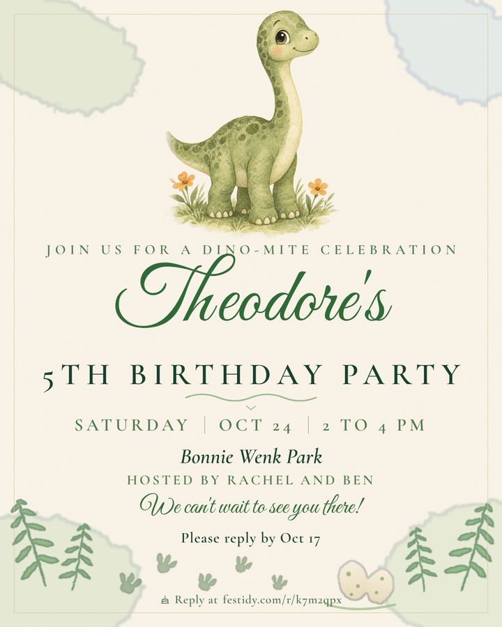 Dinosaur invitation, Watercolor design