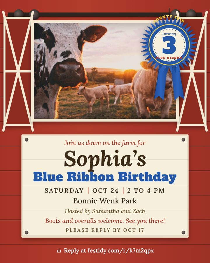 Farm invitation, Blue ribbon design
