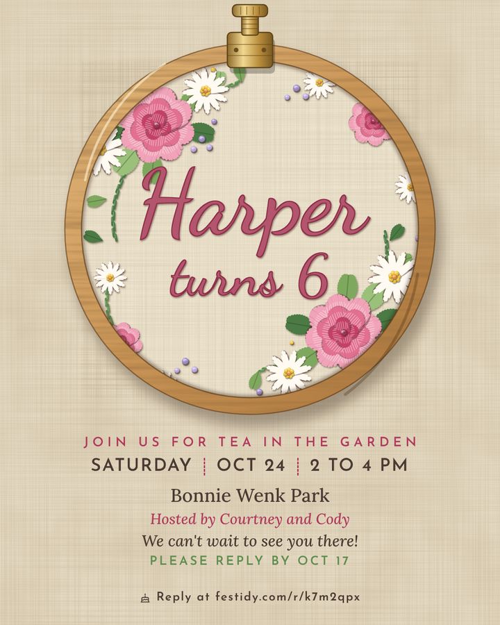 Garden tea party invitation, Embroidery design