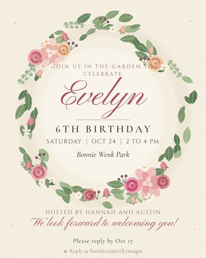 Garden tea party invitation, Wreath design
