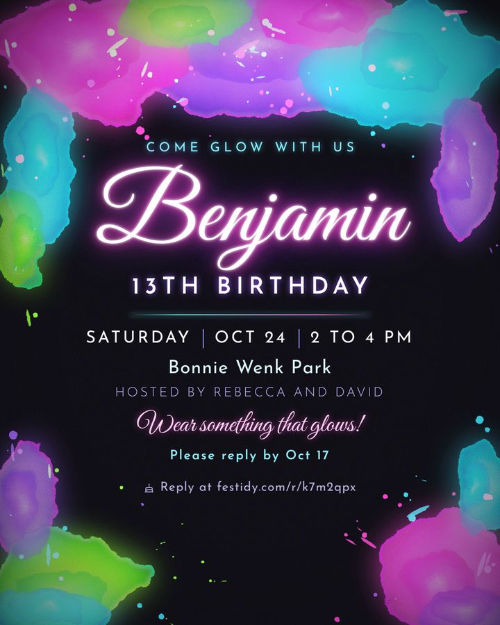 Glow invitation, Neon wash design