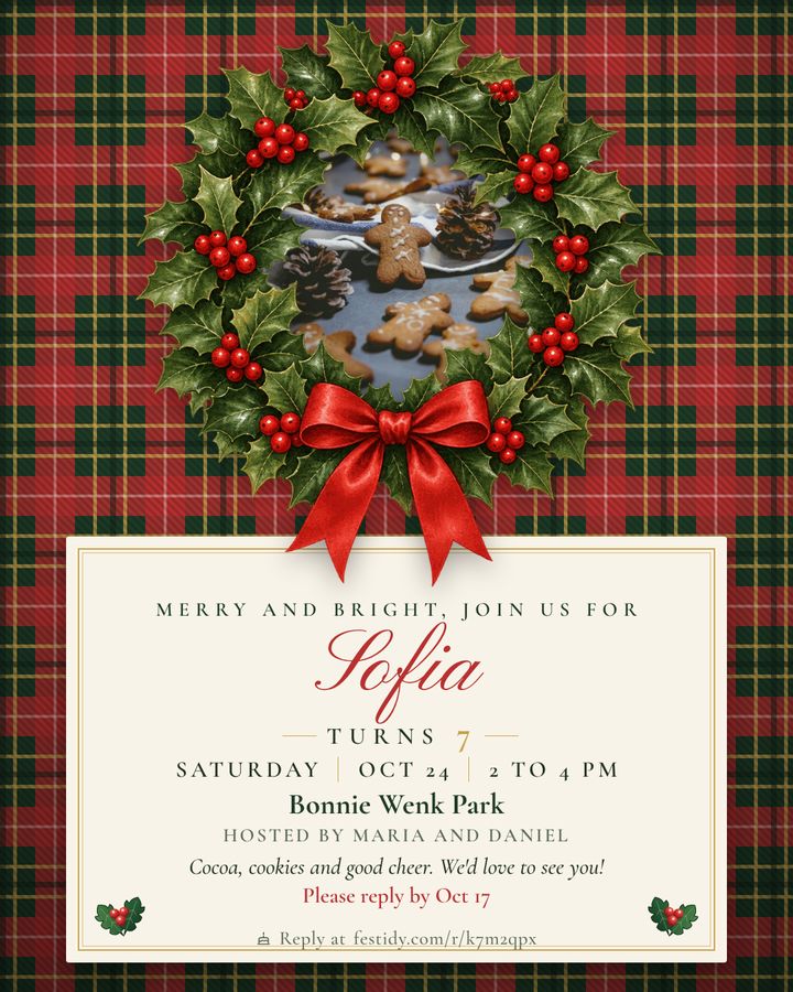 Holly jolly invitation, Holly wreath design