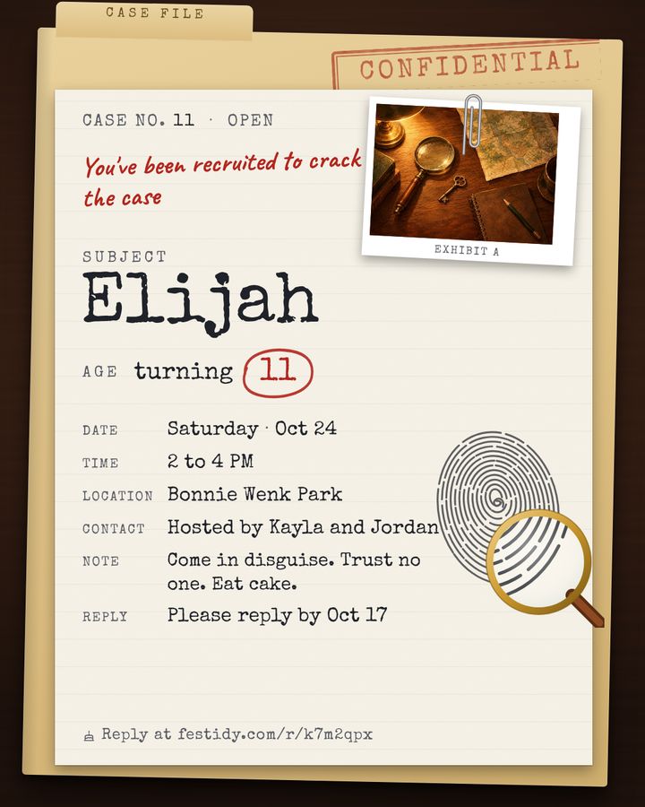 Detective mystery invitation, Case file design