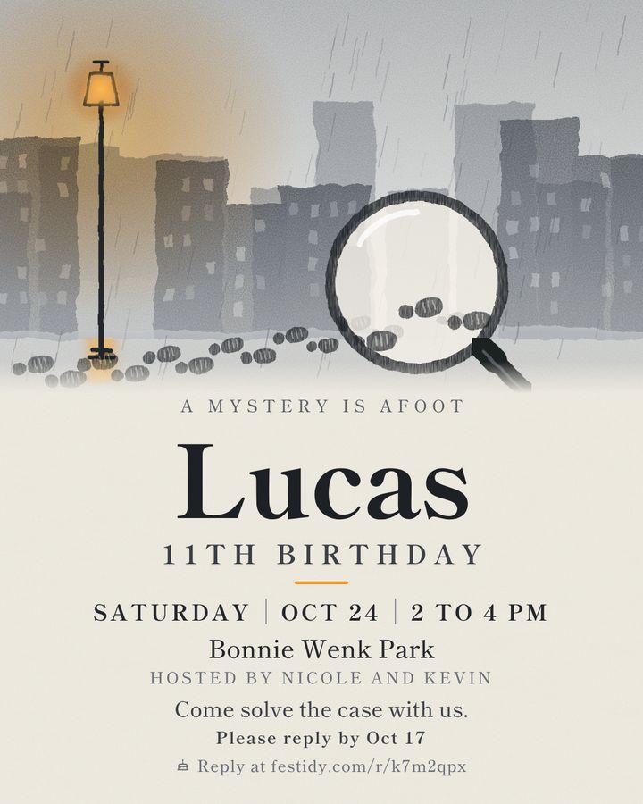 Detective mystery invitation, Ink wash design