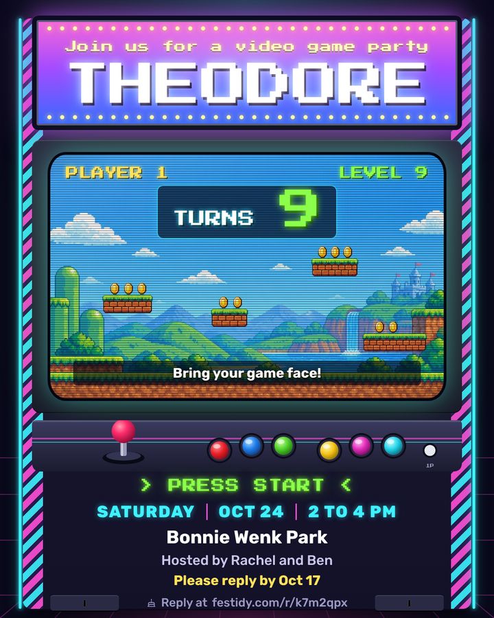 Video game invitation, Arcade design