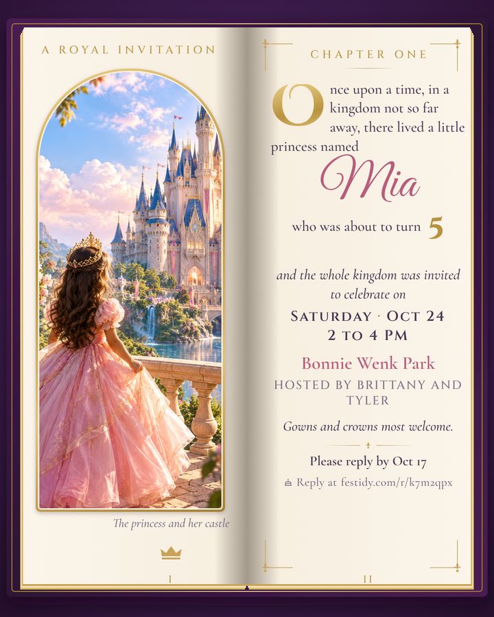 Princess invitation, Storybook design