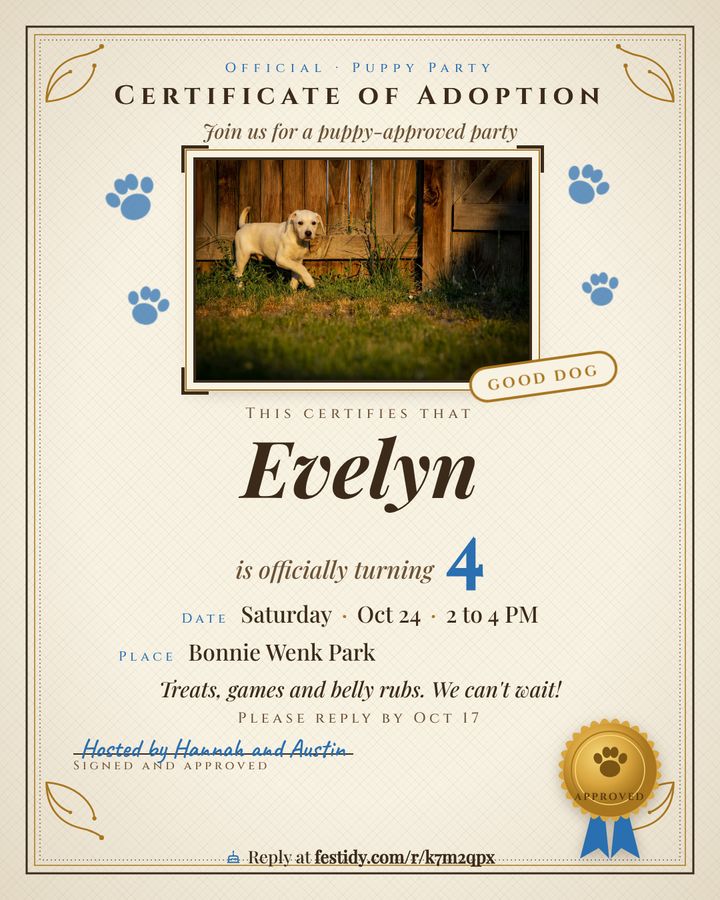 Puppy invitation, Adoption certificate design