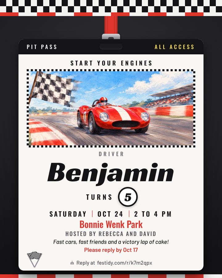 Race car invitation, Pit pass design