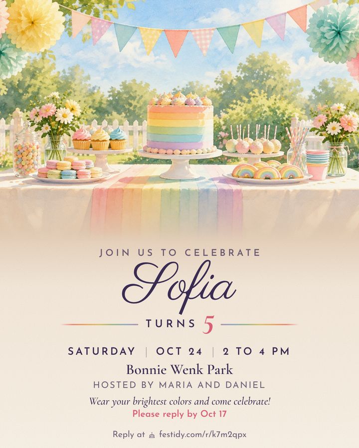 Rainbow invitation, Garden party design