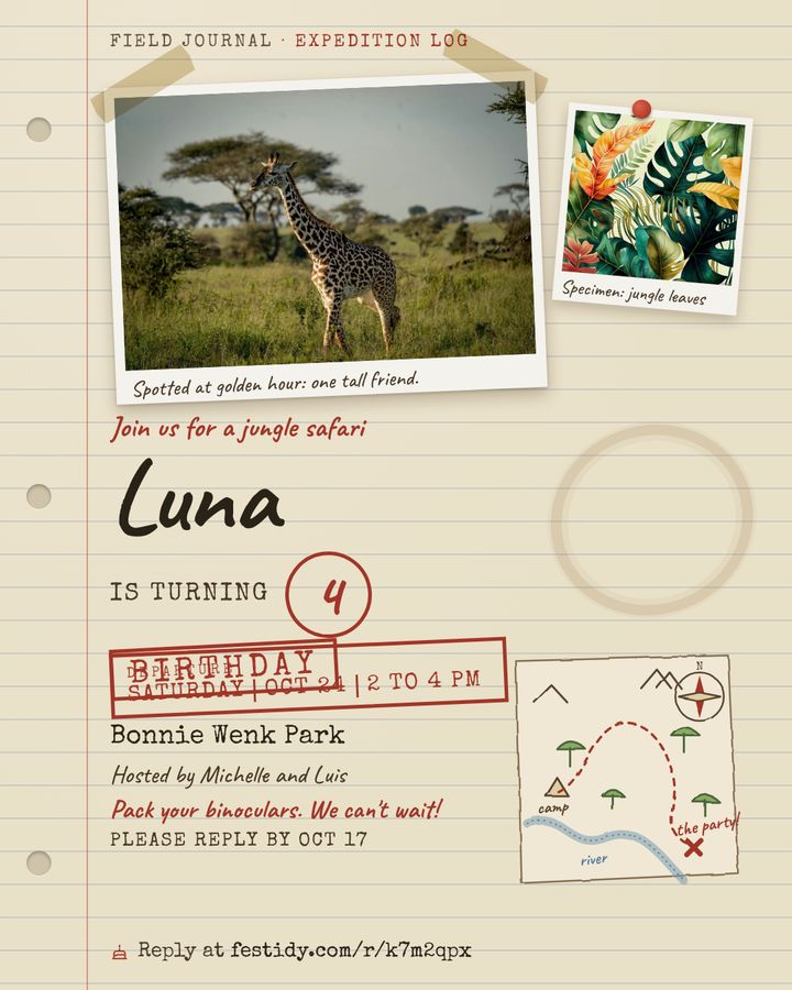 Jungle safari invitation, Field journal design