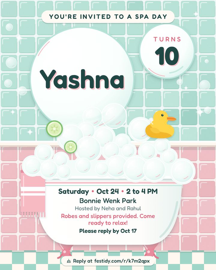 Spa day invitation, Bubble bath design