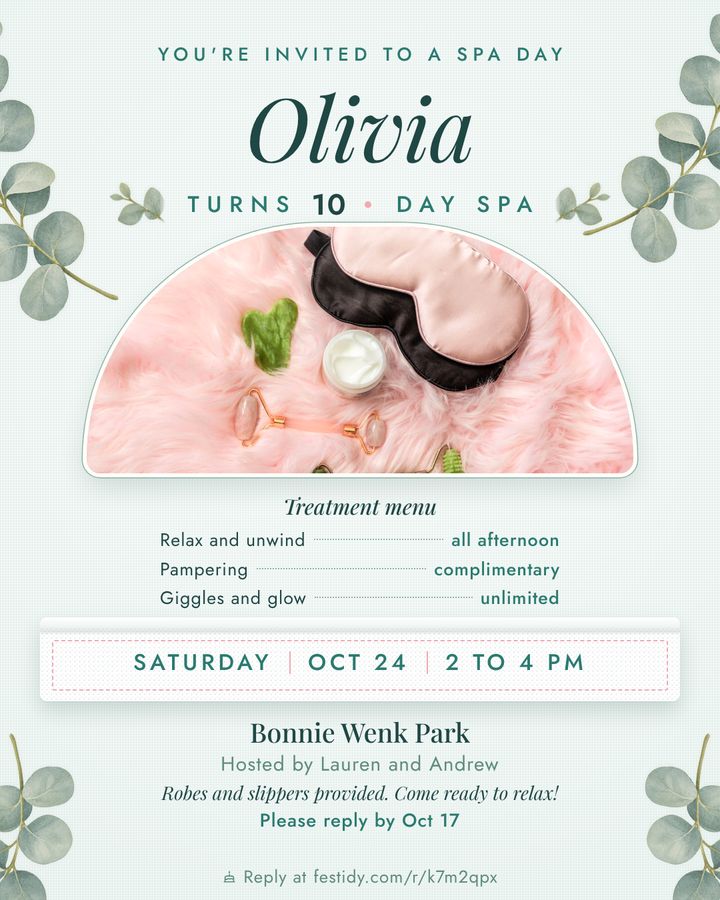 Spa day invitation, Spa menu design