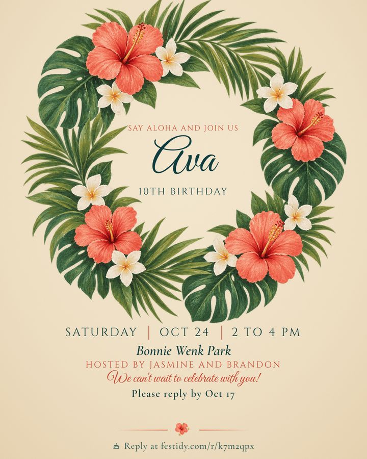 Luau invitation, Hibiscus wreath design