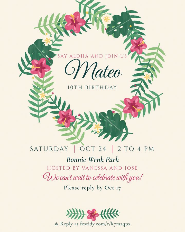Luau invitation, Gouache wreath design