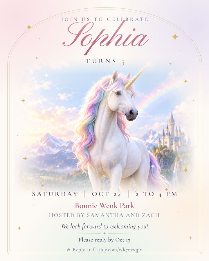 Unicorn invitation, Fairytale design
