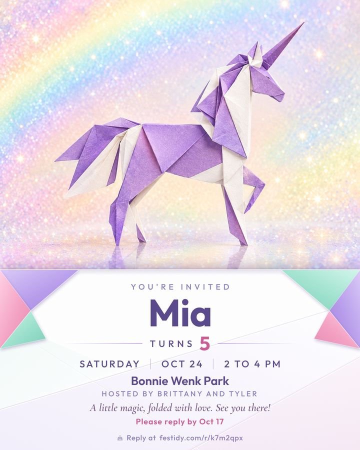 Unicorn invitation, Origami design